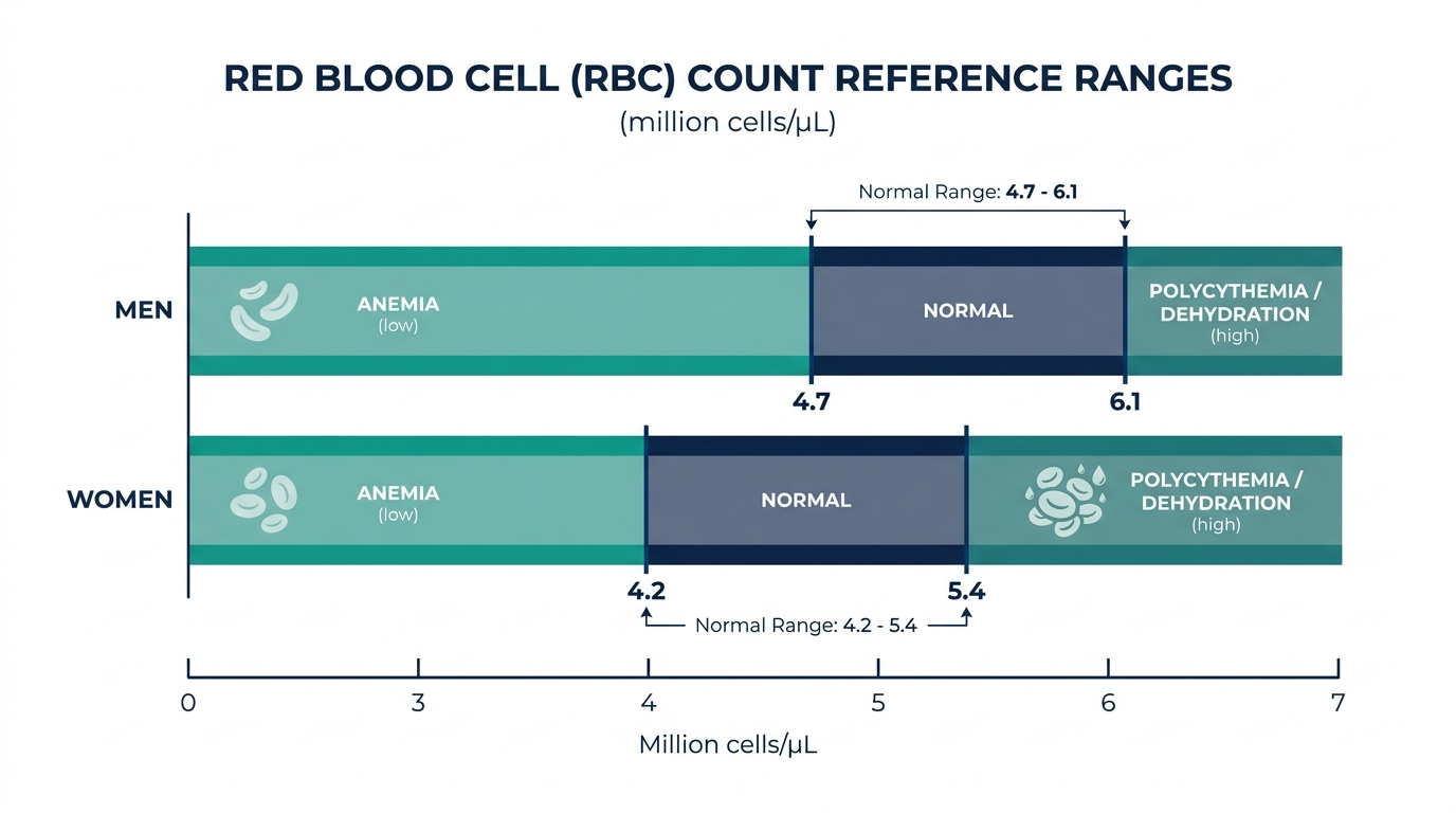 Reference range chart showing low, normal, and high red blood cell counts for men and women