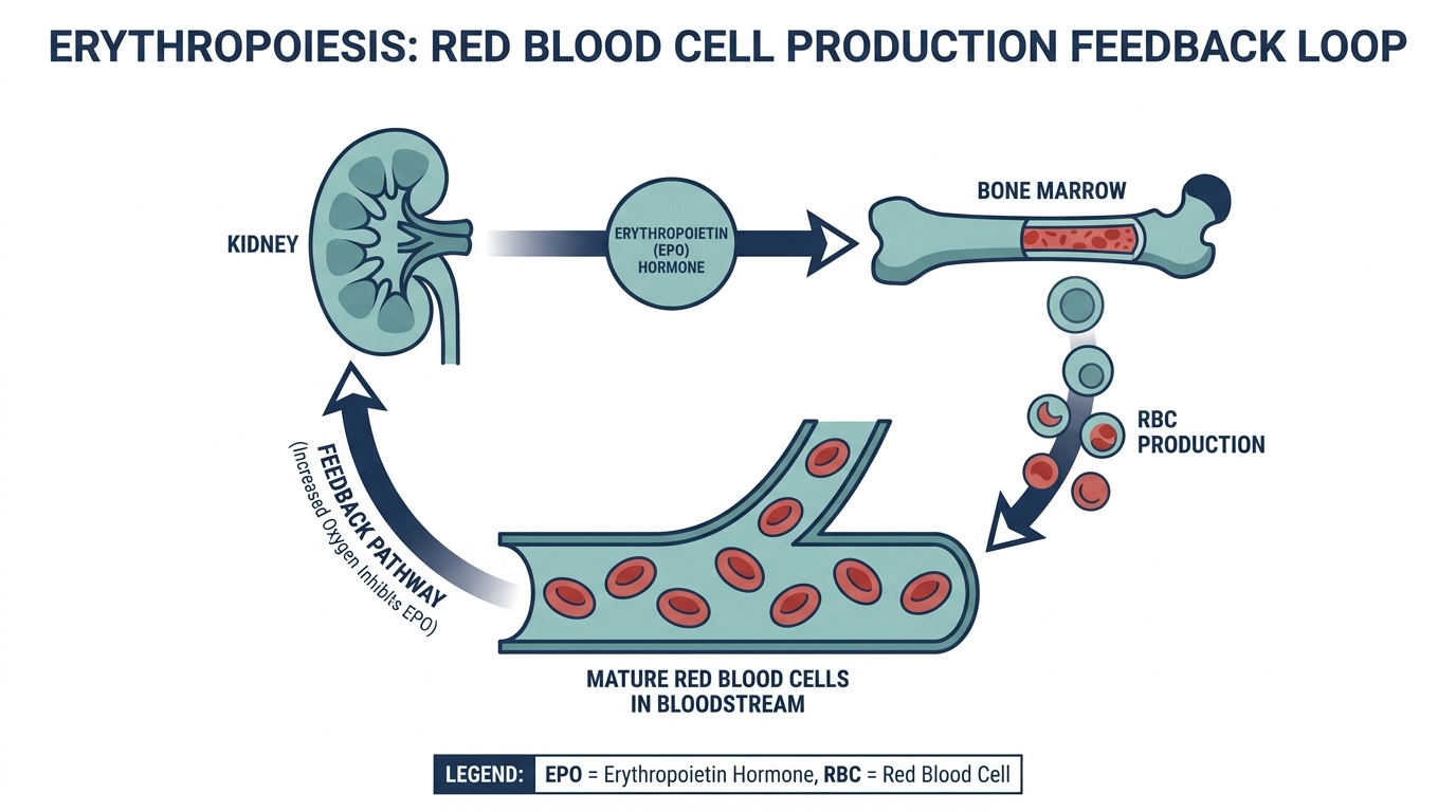 Diagram of red blood cell production showing kidney erythropoietin signaling bone marrow
