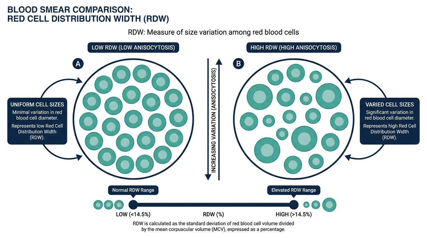 Diagram comparing a uniform blood smear with low RDW to a blood smear with varied cell sizes showing high RDW