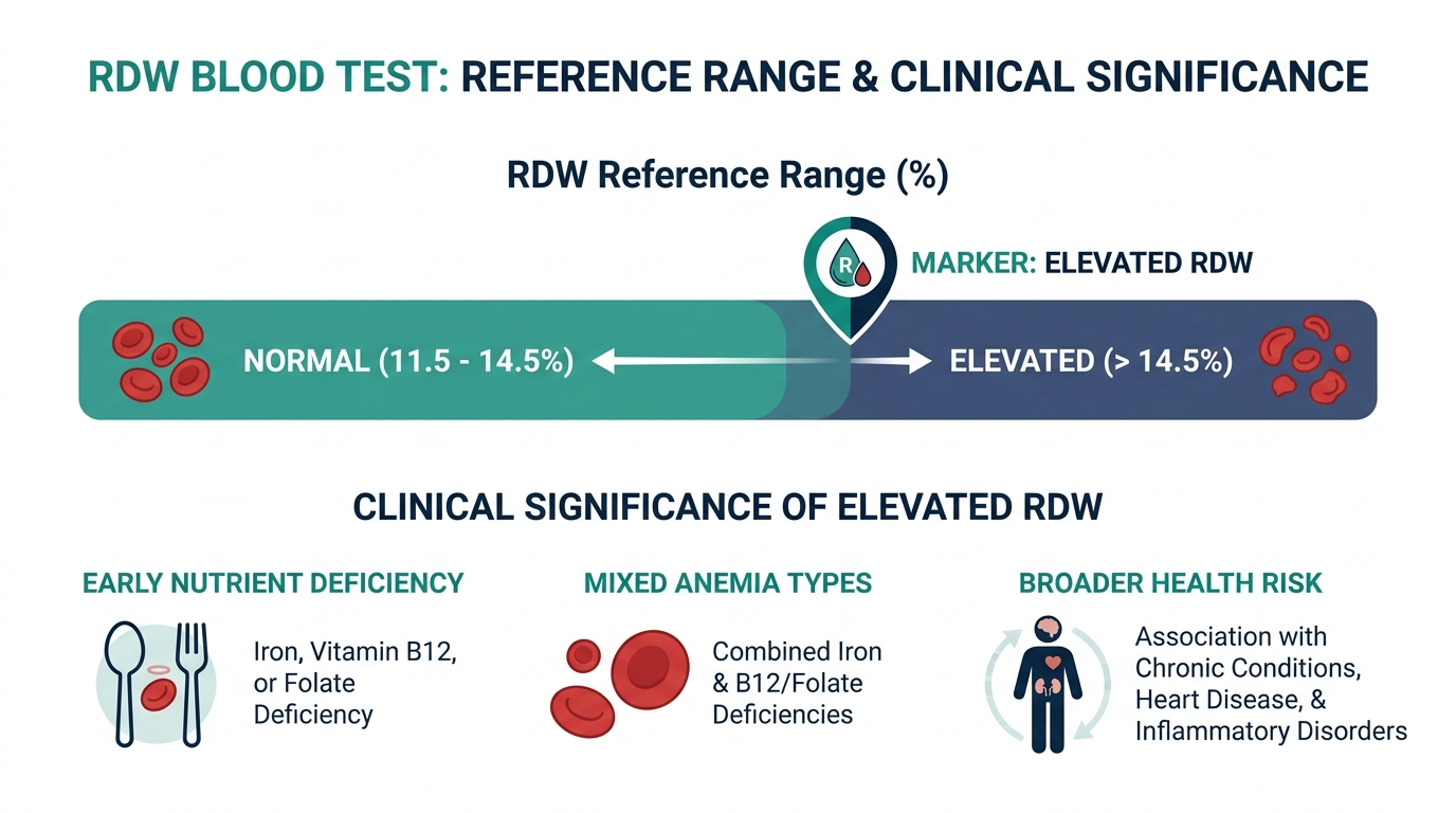 Schematic chart of RDW reference range bands showing normal and elevated zones with clinical significance