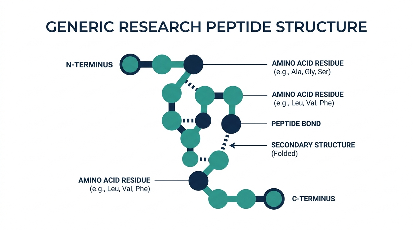 Molecular diagram of a generic research peptide showing its amino acid chain, peptide bonds, and terminus ends