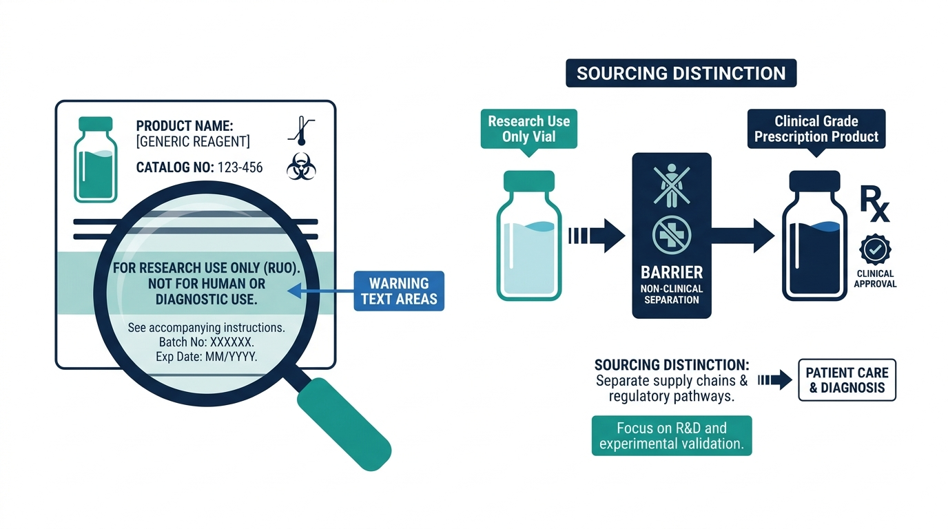Diagram distinguishing a research-use-only labeled vial from a clinical-grade prescription product