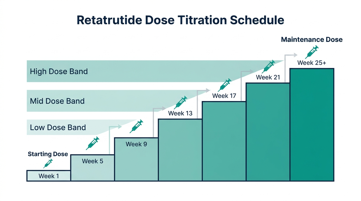 Schematic step-up titration ladder chart showing Retatrutide dose increasing gradually over weeks toward a maintenance dose