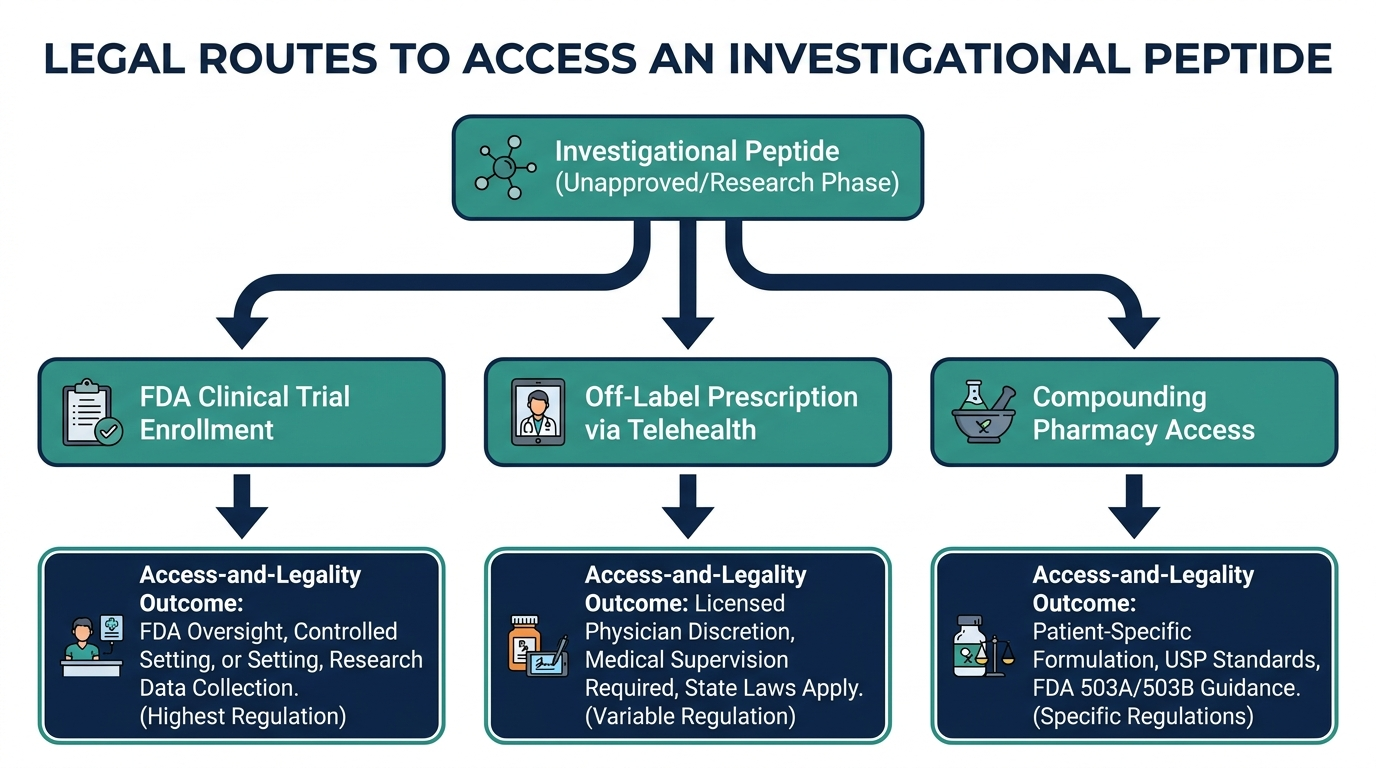 Decision-tree flowchart showing legal routes to access an investigational peptide: clinical trial, telehealth off-label prescription, and compounding pharmacy