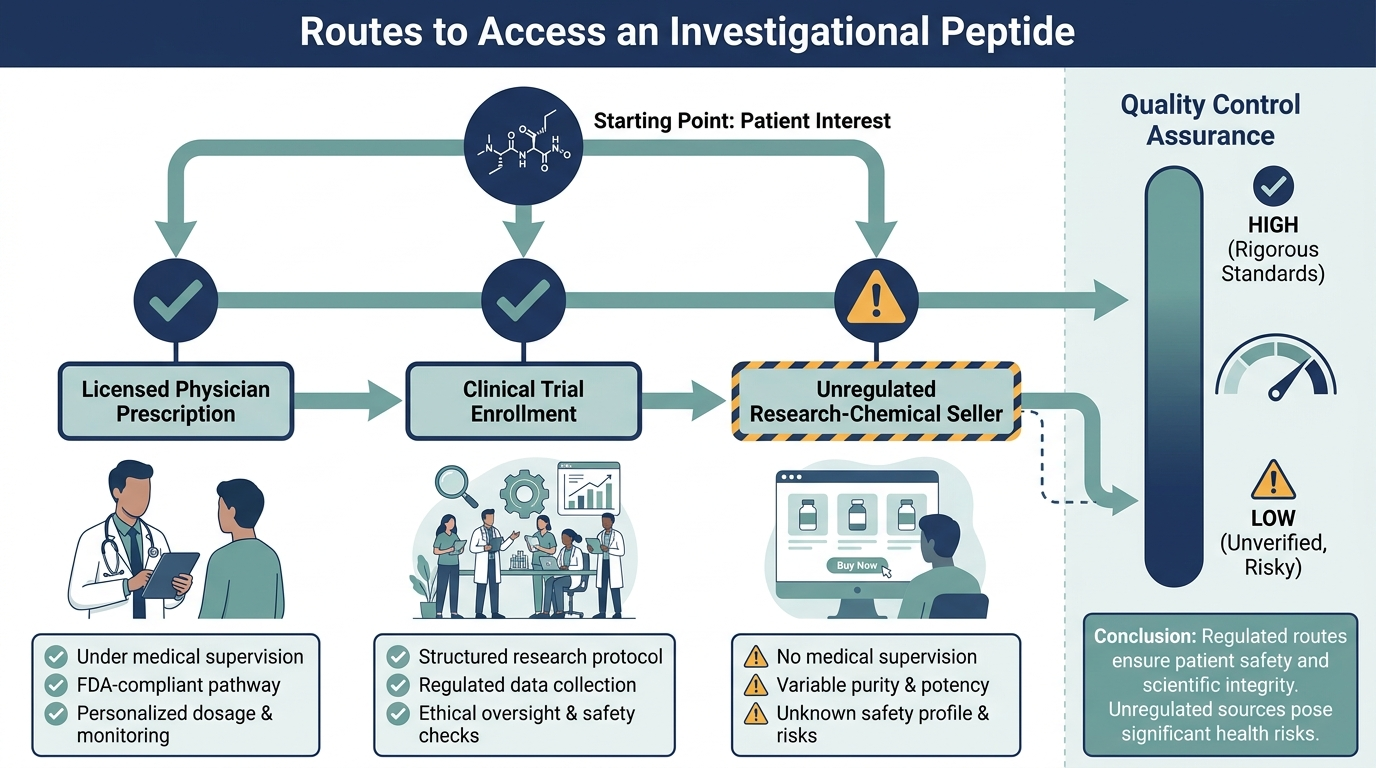 Flowchart of legal versus risky routes to access an investigational peptide, comparing prescription and trial access to unregulated sellers