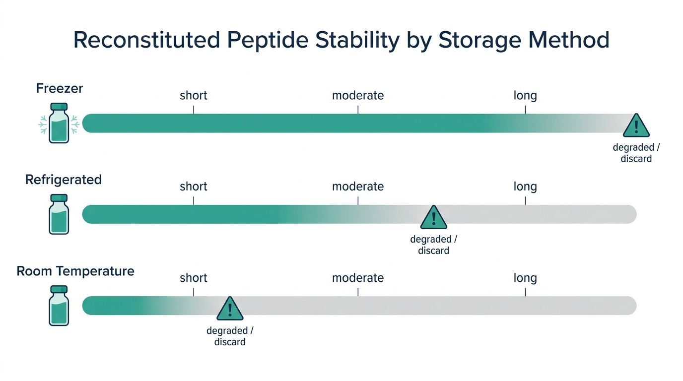 Schematic timeline comparing relative stability of reconstituted peptide by storage method