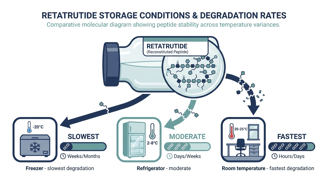 Diagram showing reconstituted peptide degradation at freezer, refrigerator, and room temperature