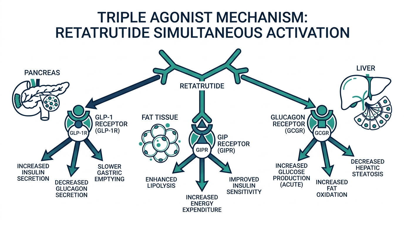 Diagram of retatrutide acting as a triple agonist on GLP-1, GIP, and glucagon receptors