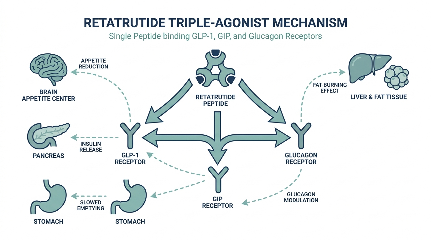 Diagram of Retatrutide triple-agonist mechanism showing GLP-1, GIP, and glucagon receptor activation across brain, pancreas, stomach, and liver