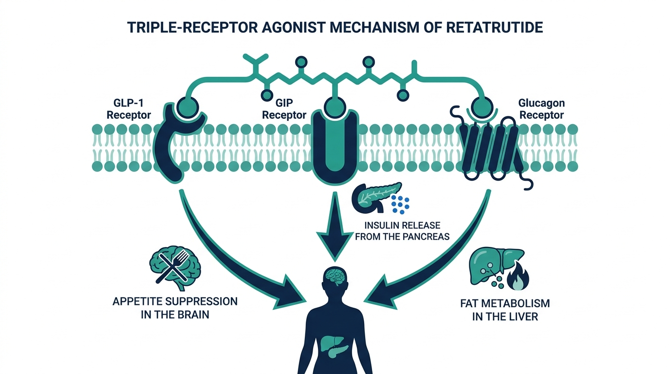 Mechanism diagram of retatrutide binding GLP-1, GIP, and glucagon receptors with downstream effects on brain, pancreas, and liver