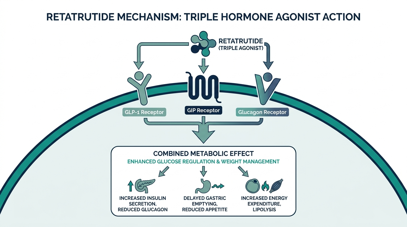 Diagram of retatrutide acting as a triple agonist on GLP-1, GIP, and glucagon receptors on a cell membrane
