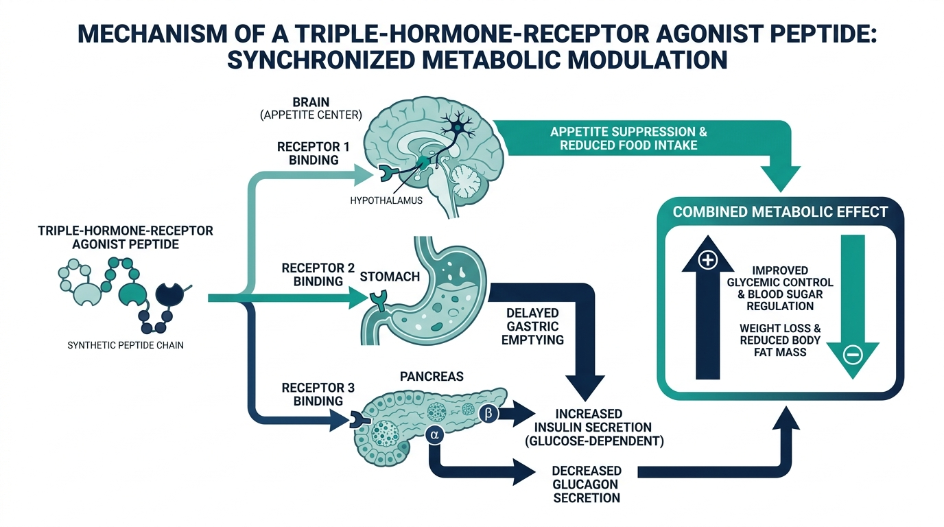 Mechanism diagram of a triple-hormone-receptor agonist peptide acting on the brain, stomach, and pancreas simultaneously