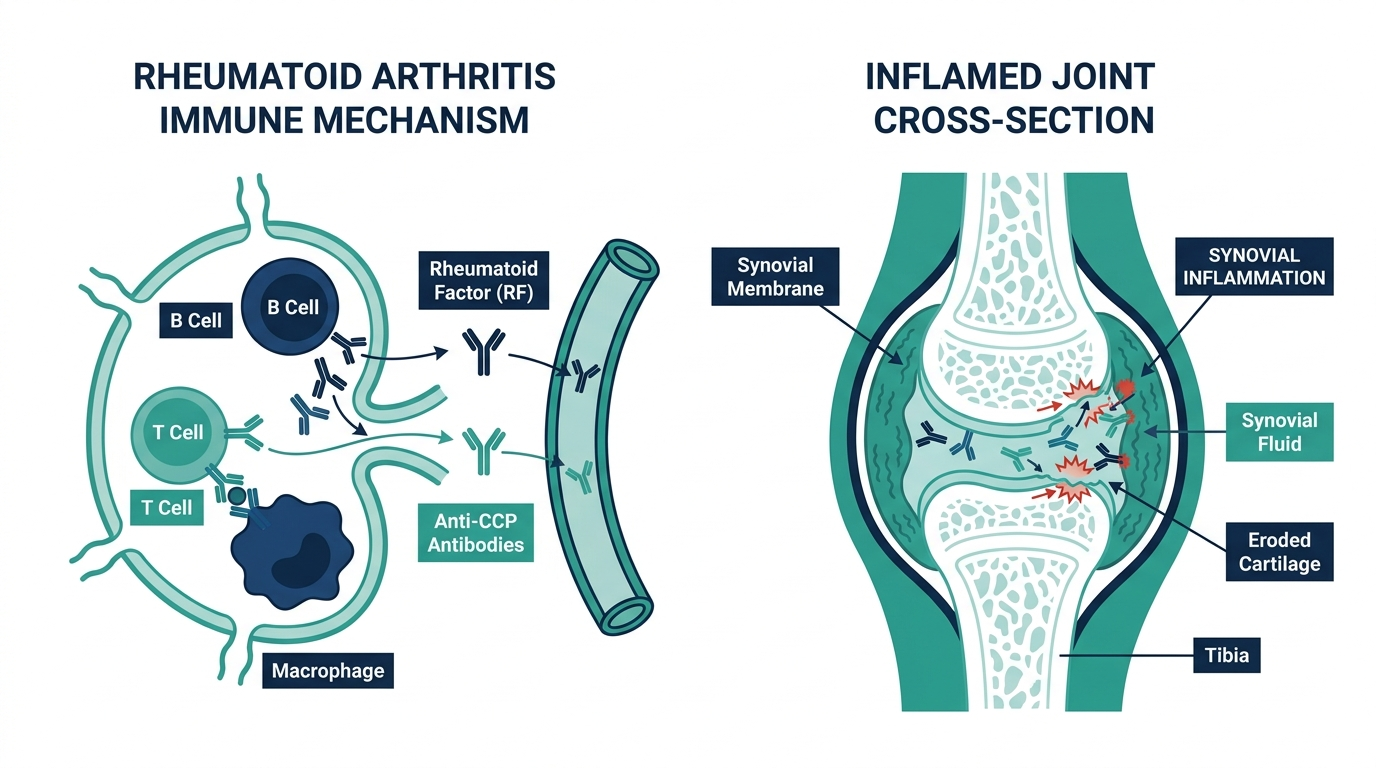 Diagram of rheumatoid factor and anti-CCP antibodies attacking the joint lining in rheumatoid arthritis