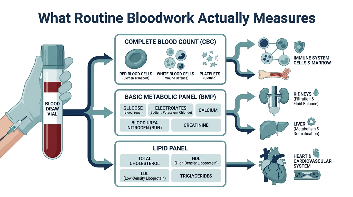 Diagram of a blood draw vial branching into complete blood count, metabolic panel, and lipid panel tests mapped to body systems