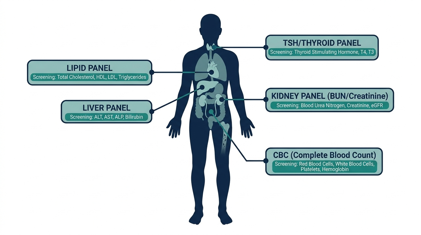 Human body silhouette with callouts linking the heart, liver, kidneys, thyroid, and blood to their corresponding routine blood test panels