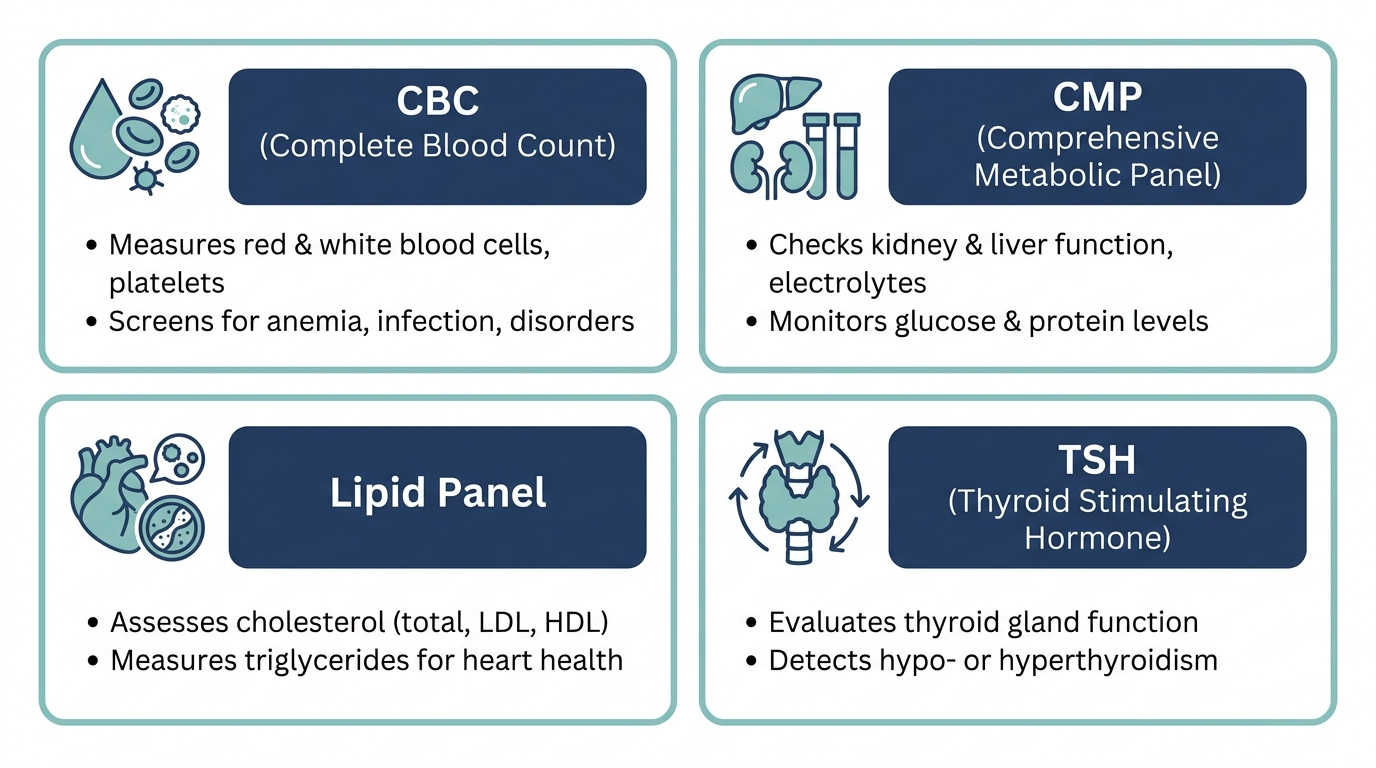 Grid of four panel cards showing CBC, CMP, Lipid Panel, and TSH as common routine physical blood test panels