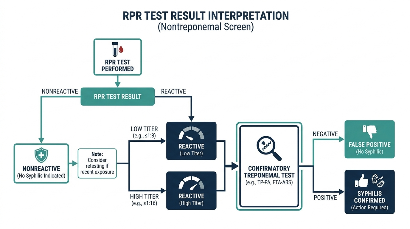 Flowchart of RPR result interpretation from nonreactive to reactive titer and confirmatory testing