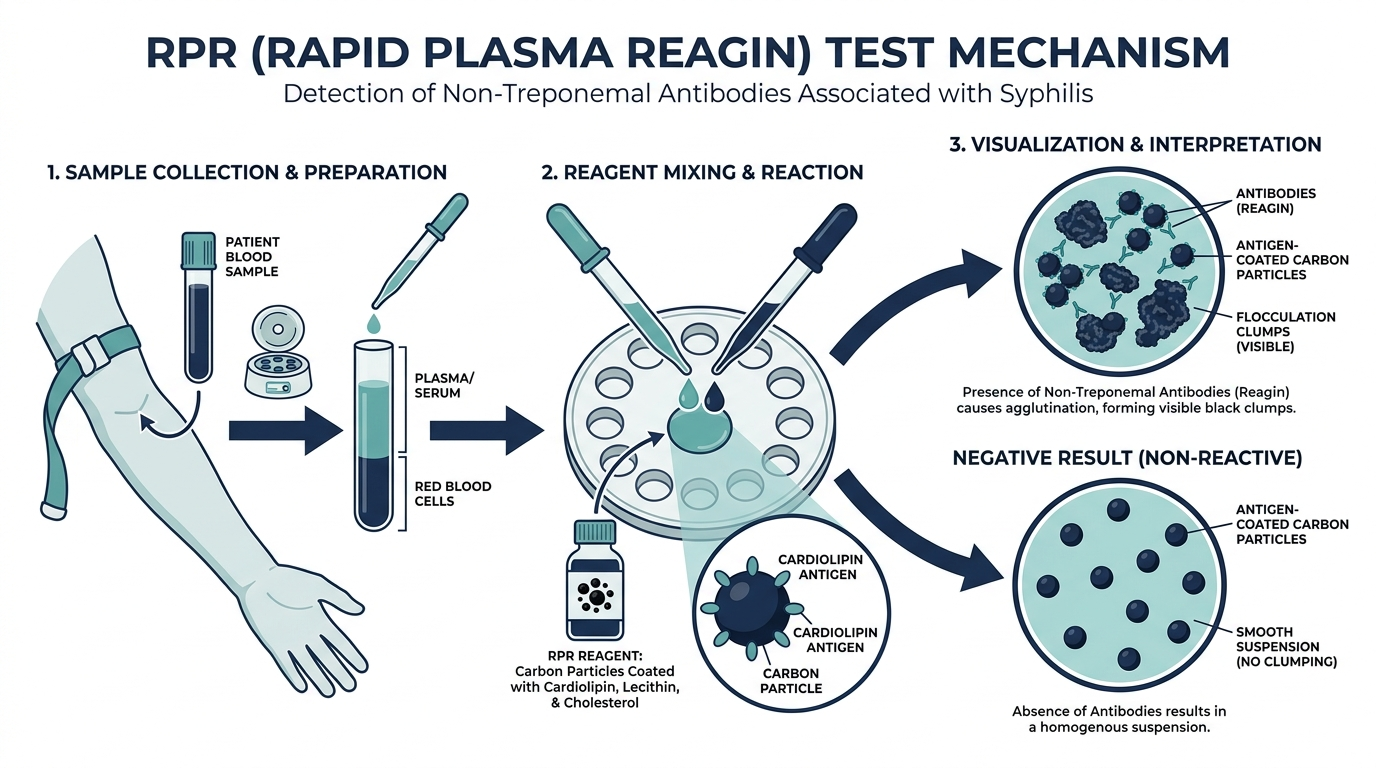 Diagram of the RPR test flocculation reaction between blood sample and reagent