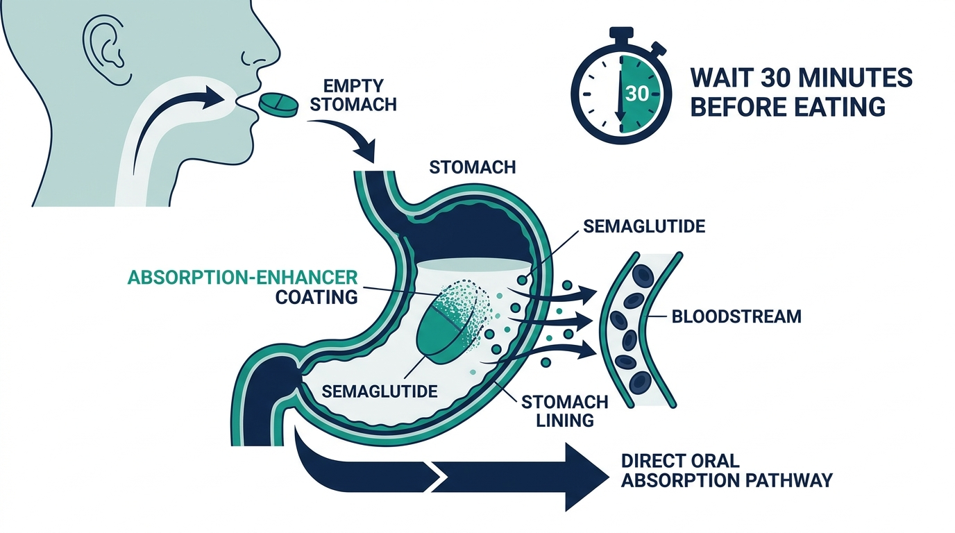 Diagram of an oral semaglutide tablet being absorbed through the stomach lining into the bloodstream on an empty stomach
