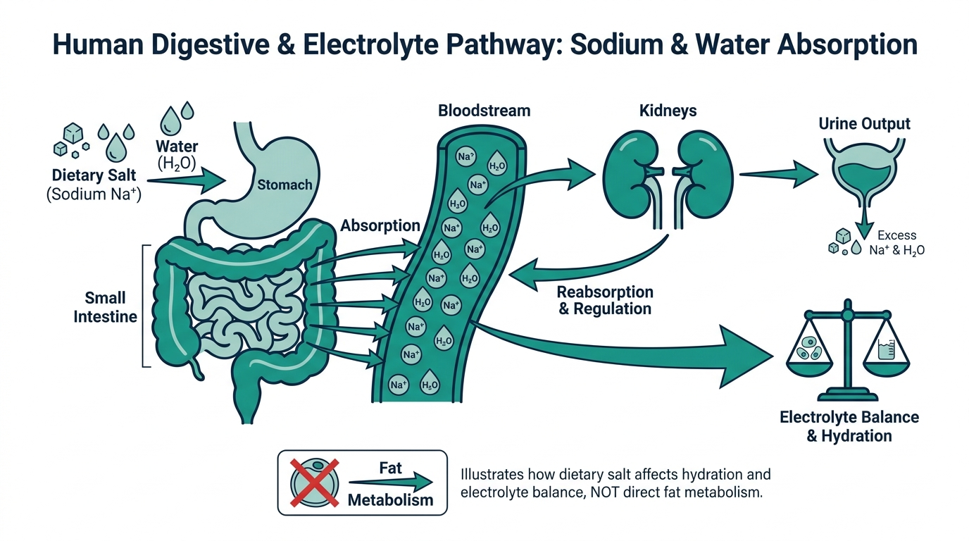 Diagram of sodium and water absorption pathway from stomach and intestine into bloodstream and kidneys