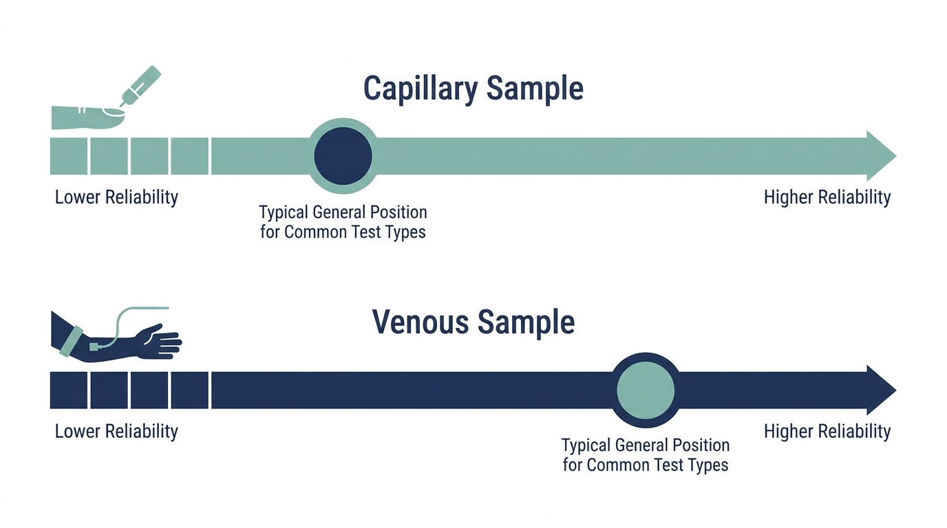 Schematic chart comparing general reliability bands for capillary samples versus venous samples