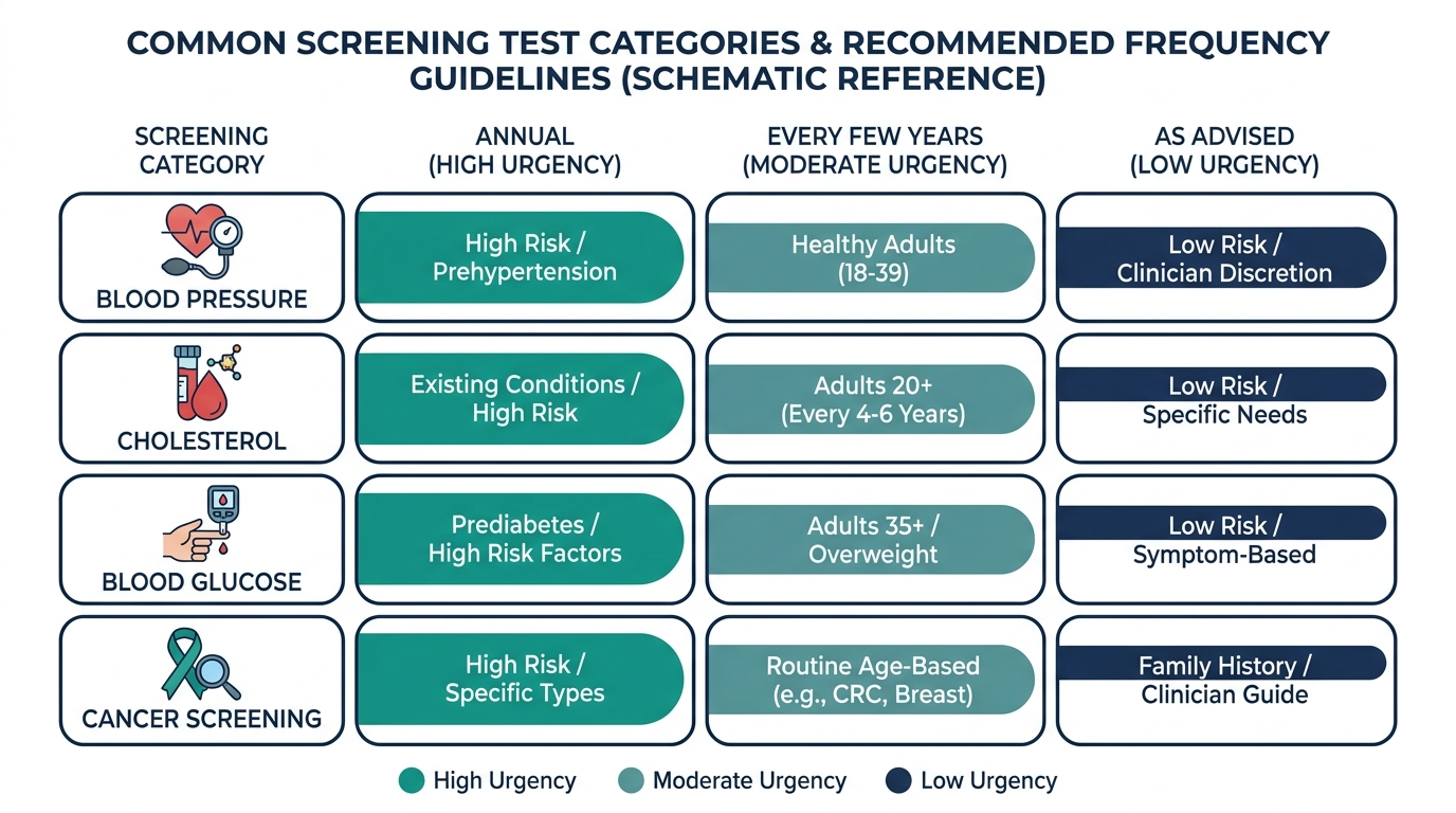 Reference chart grid of screening test categories and their recommended frequency bands