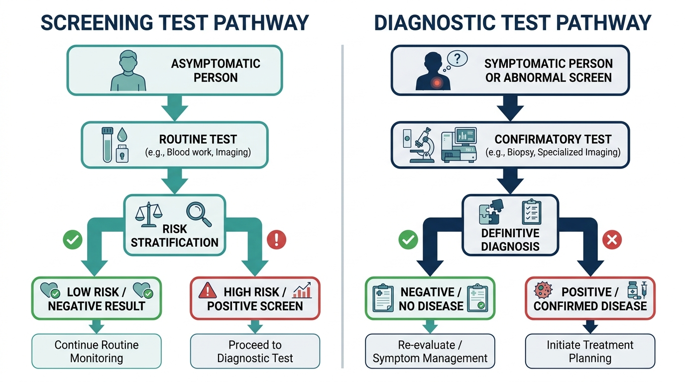 Flowchart comparing the screening test pathway versus the diagnostic test pathway in clinical care