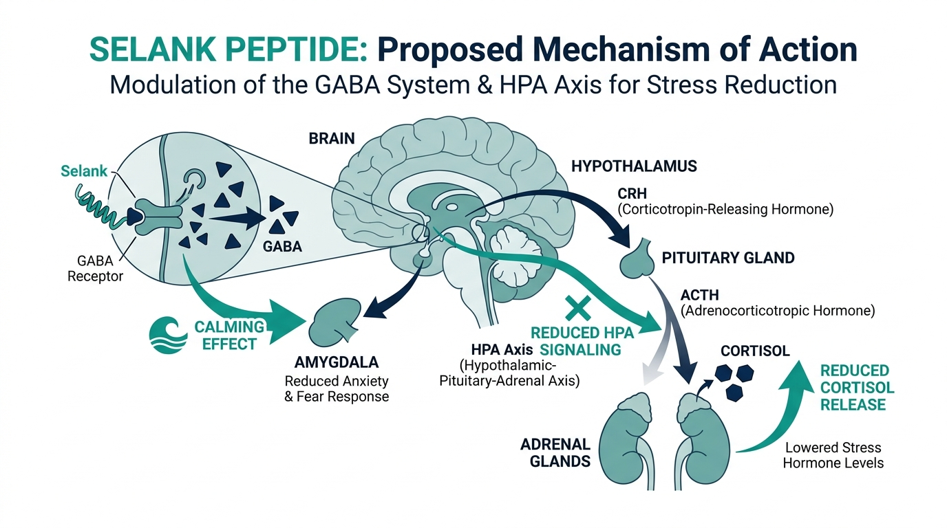 Diagram of Selank peptide's proposed effect on the GABA system and the HPA stress axis, calming the amygdala and lowering cortisol signal