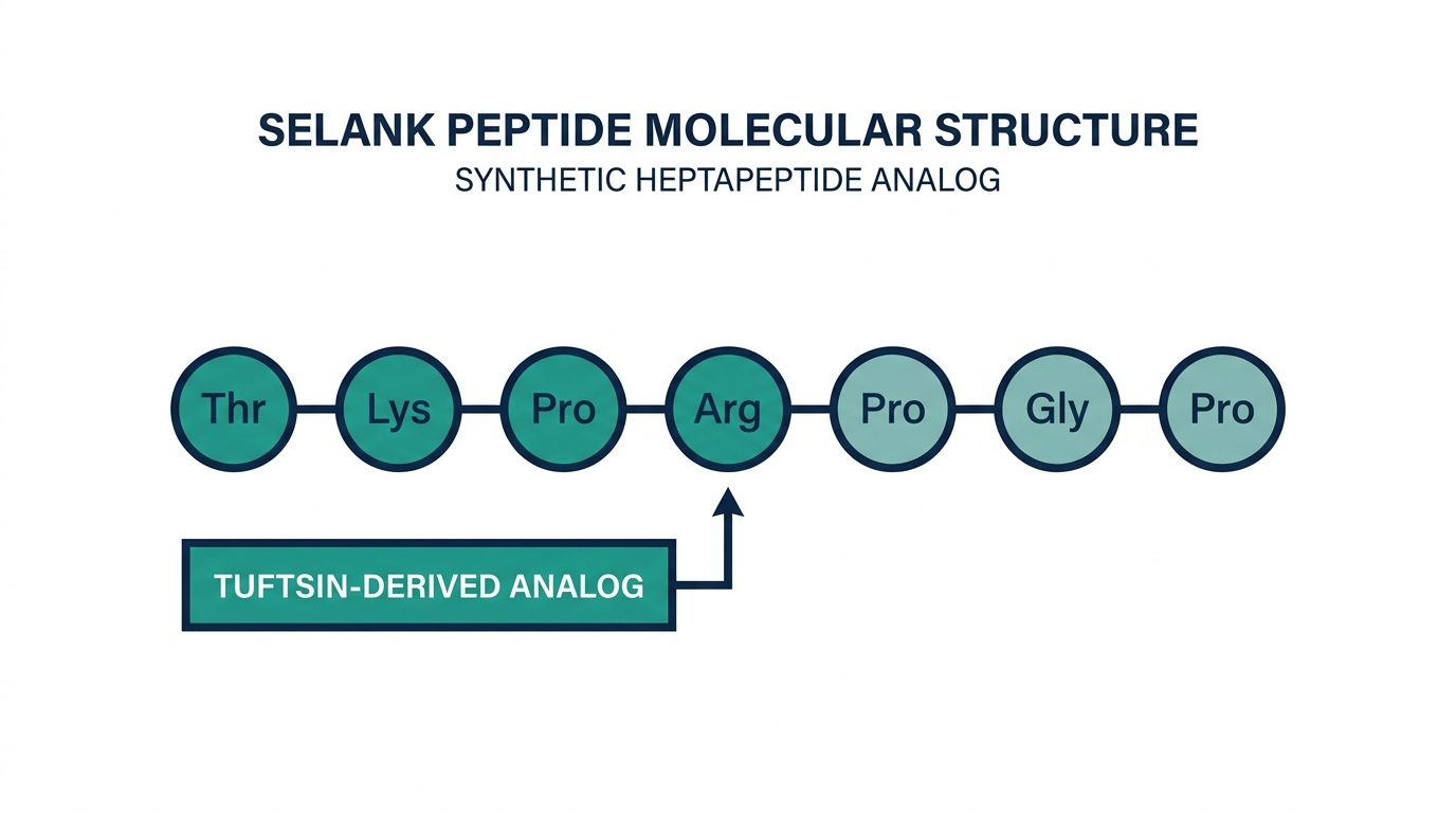 Diagram of the Selank peptide molecular structure showing its origin as a synthetic analog of the immune peptide tuftsin
