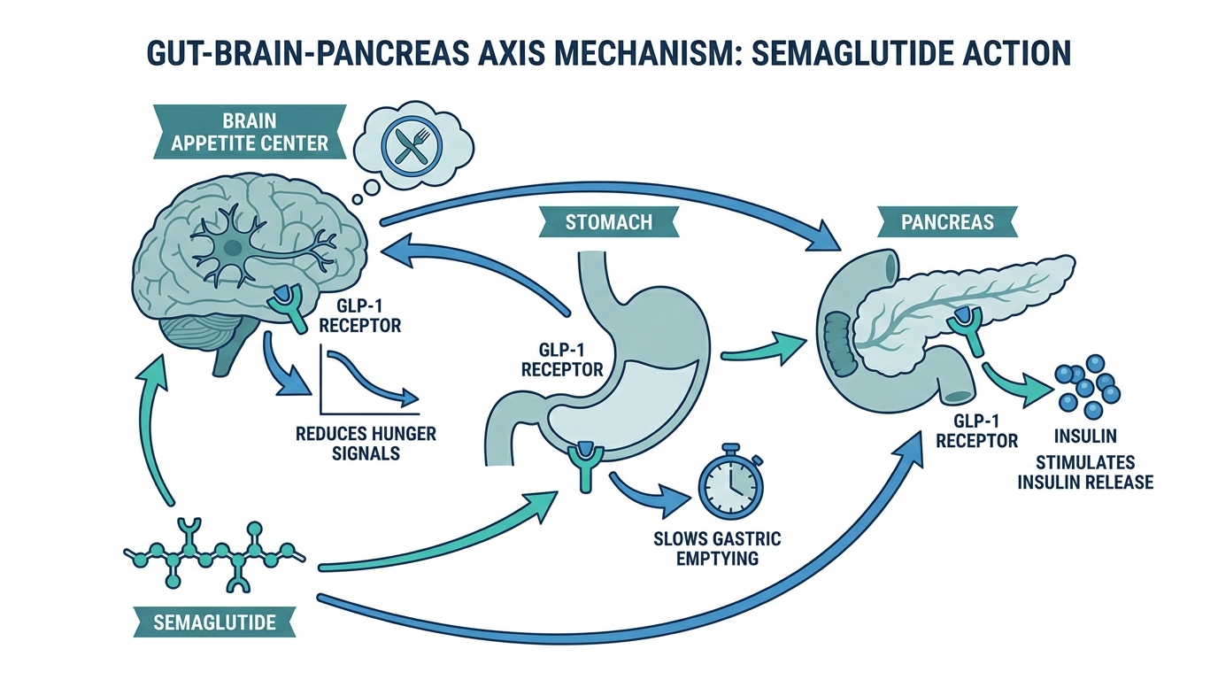 Diagram of semaglutide acting on GLP-1 receptors in the pancreas, brain, and stomach