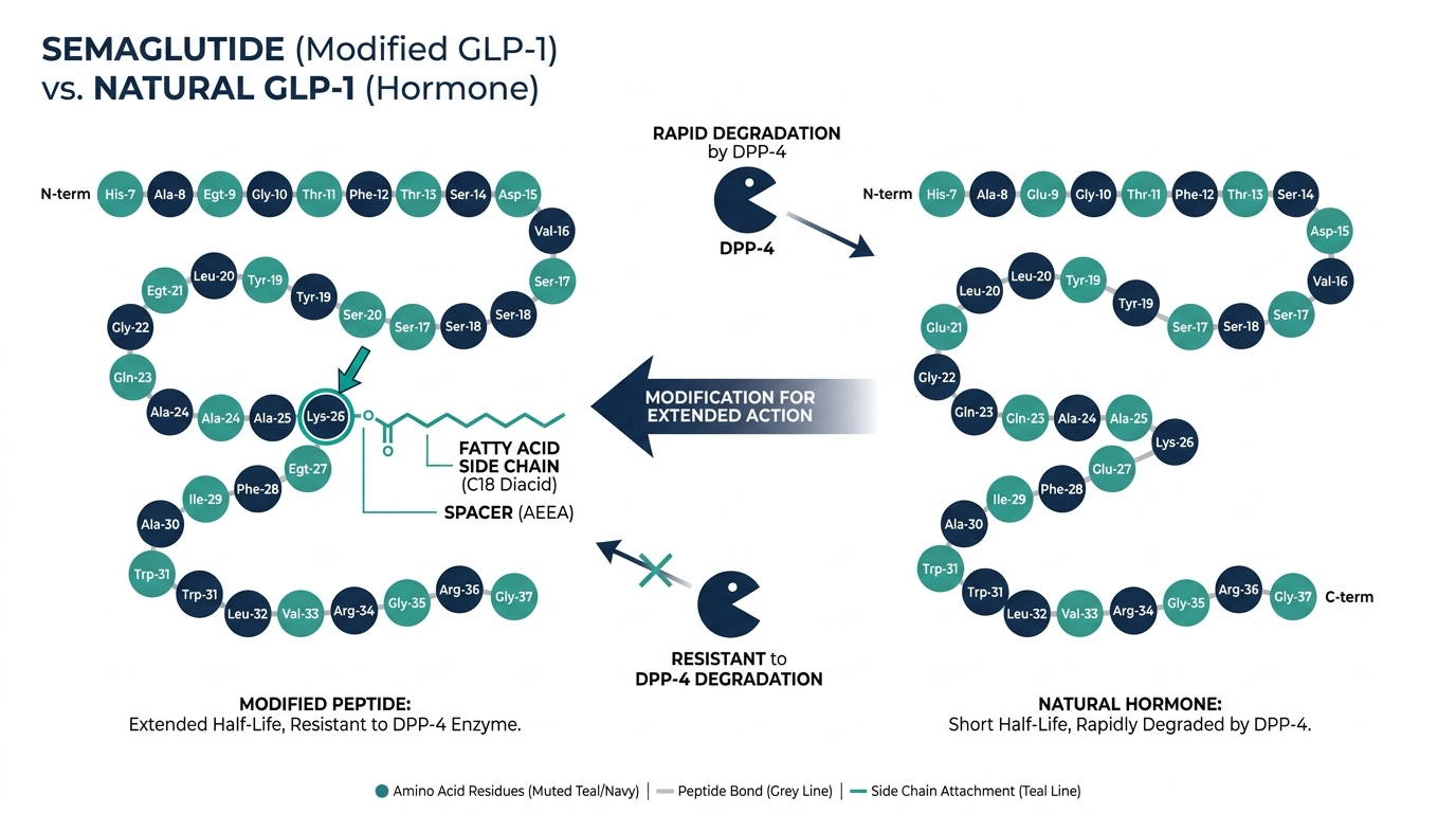 Molecular diagram comparing semaglutide, a modified peptide with a fatty acid side chain, to the natural GLP-1 hormone peptide