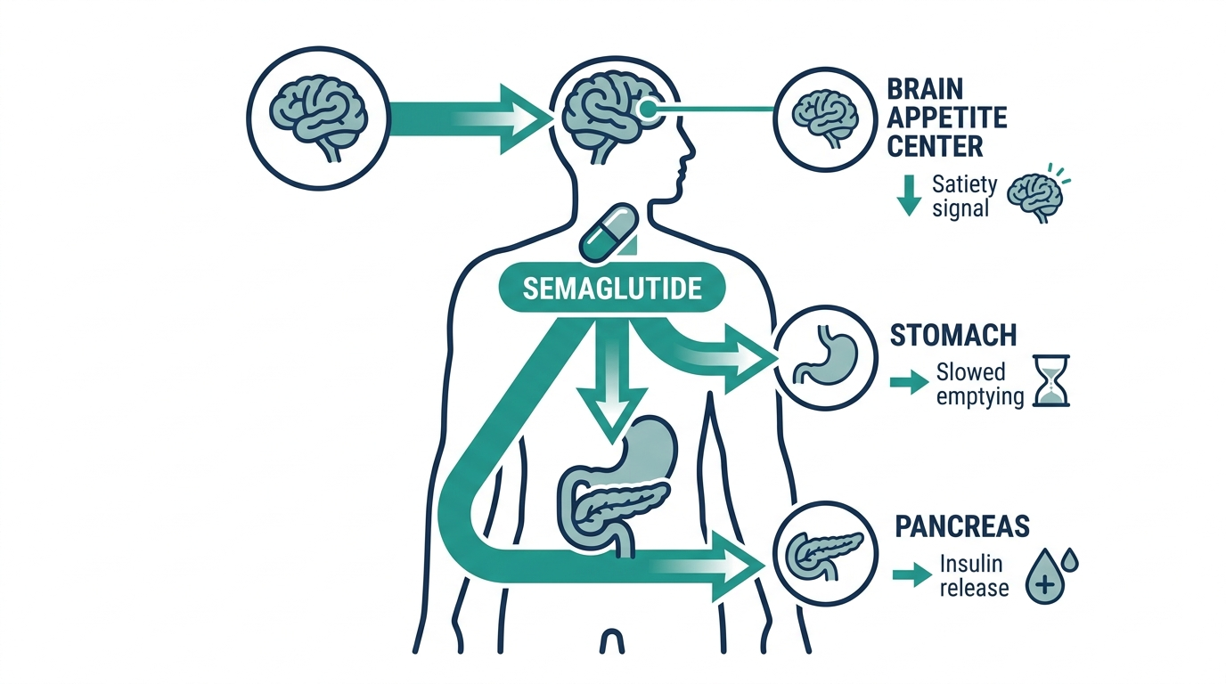 Diagram showing how semaglutide acts on the pancreas, brain appetite center, and stomach in the body