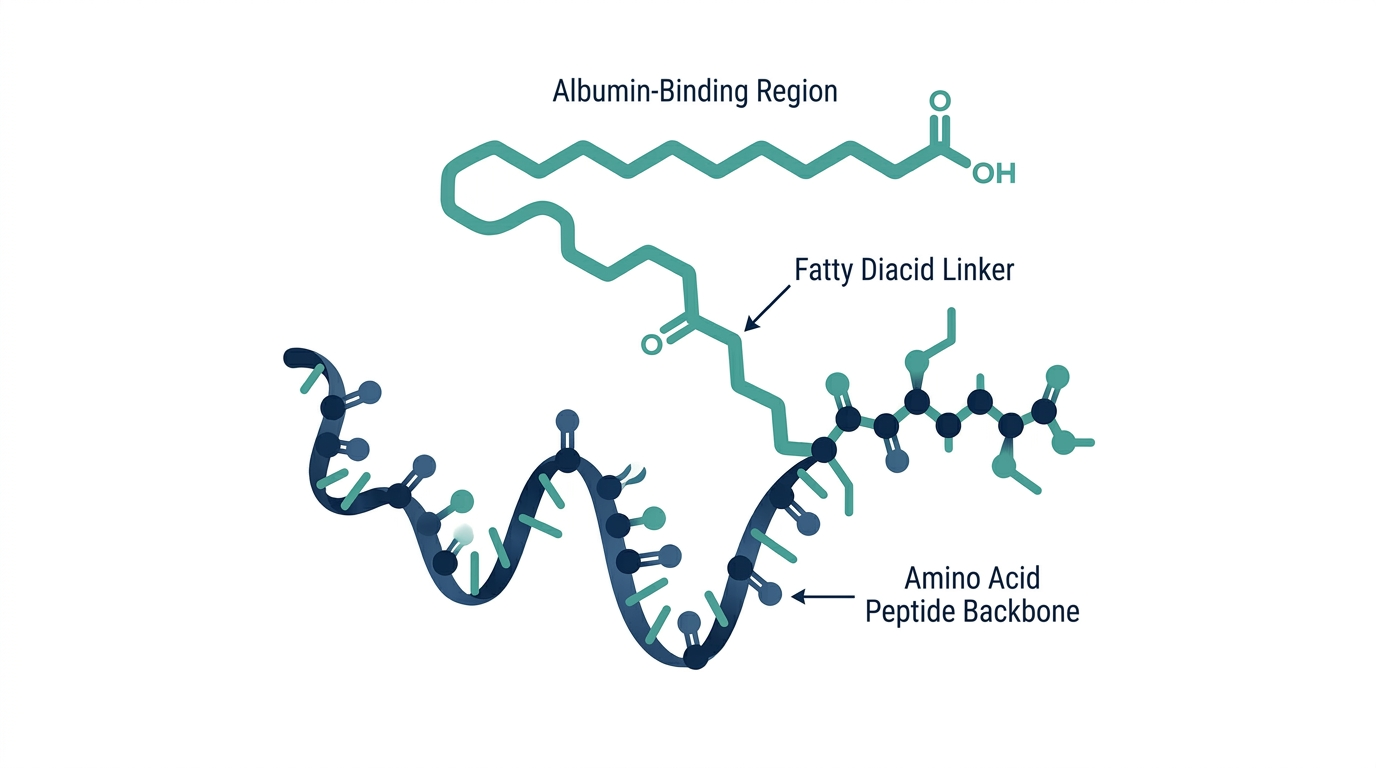 Diagram of semaglutide's molecular structure with peptide backbone and fatty-acid albumin-binding chain