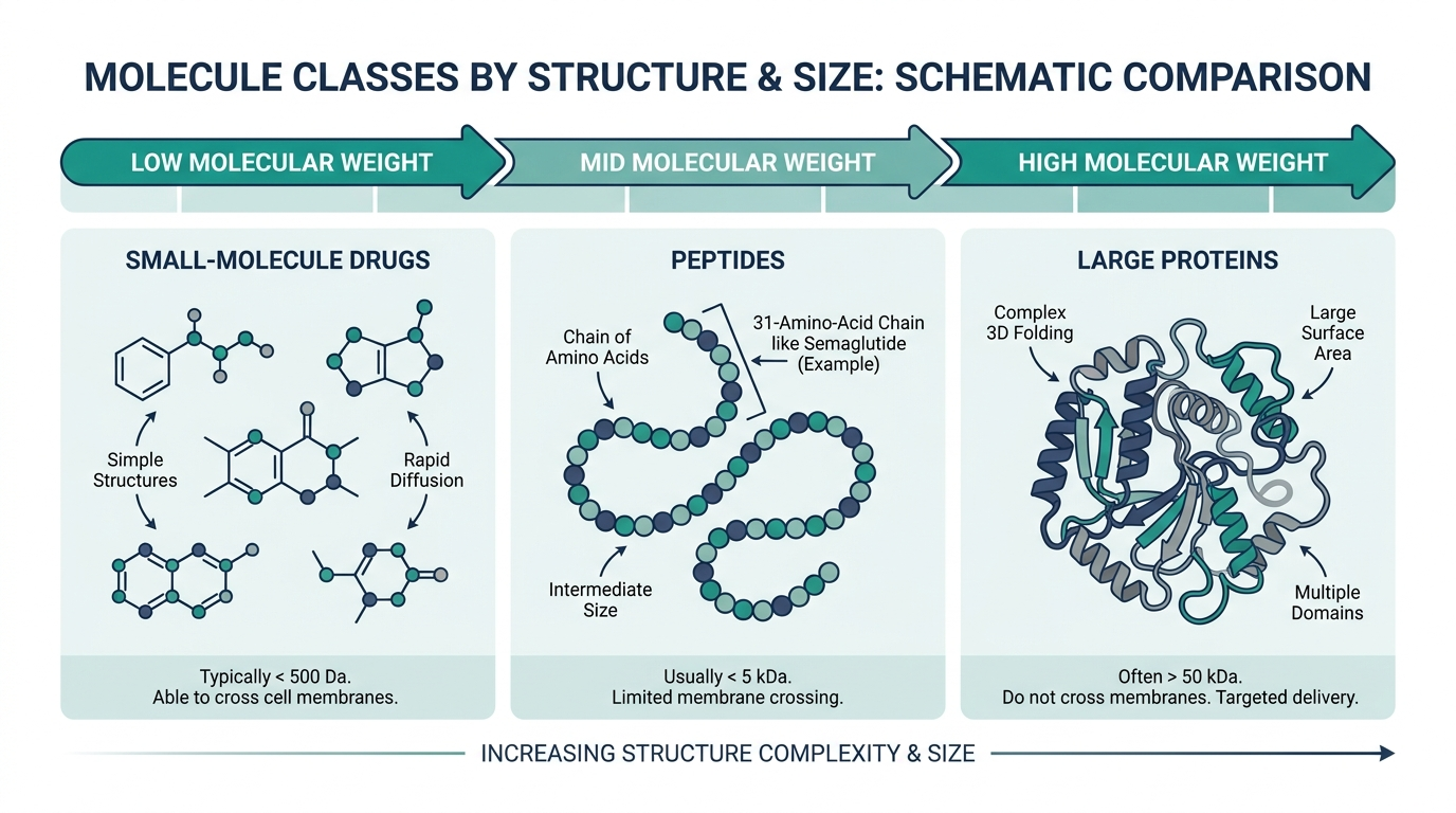 Schematic chart comparing small molecules, peptides, and proteins by molecular size