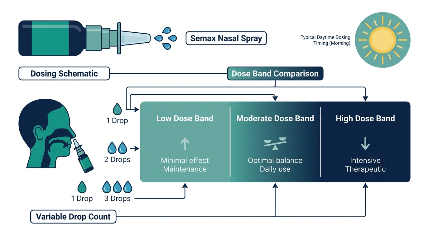 Schematic chart of Semax nasal spray dose bands from low to high with morning dosing timing icon