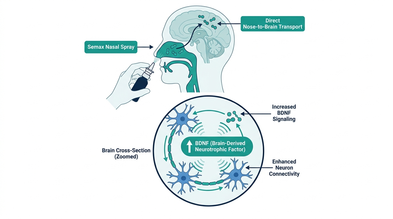 Diagram of Semax nasal spray mechanism showing absorption through nasal mucosa to the brain and increased BDNF signaling