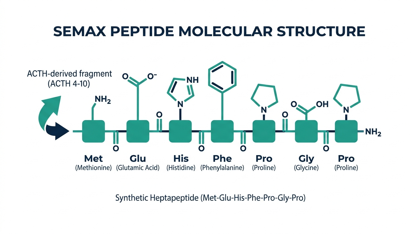 Diagram of the Semax peptide molecular structure showing its origin as a synthetic fragment of ACTH