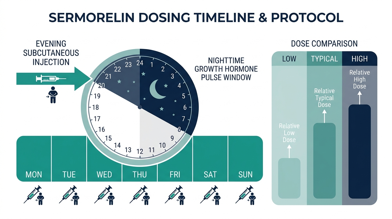 Schematic chart of Sermorelin injection timing around the nighttime growth hormone pulse and relative dose bands