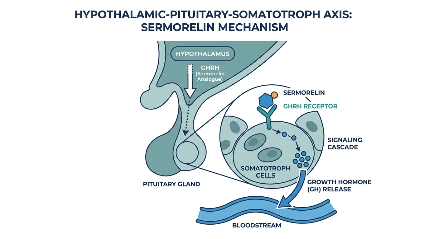 Diagram of Sermorelin acting on the hypothalamic-pituitary axis to stimulate growth hormone release