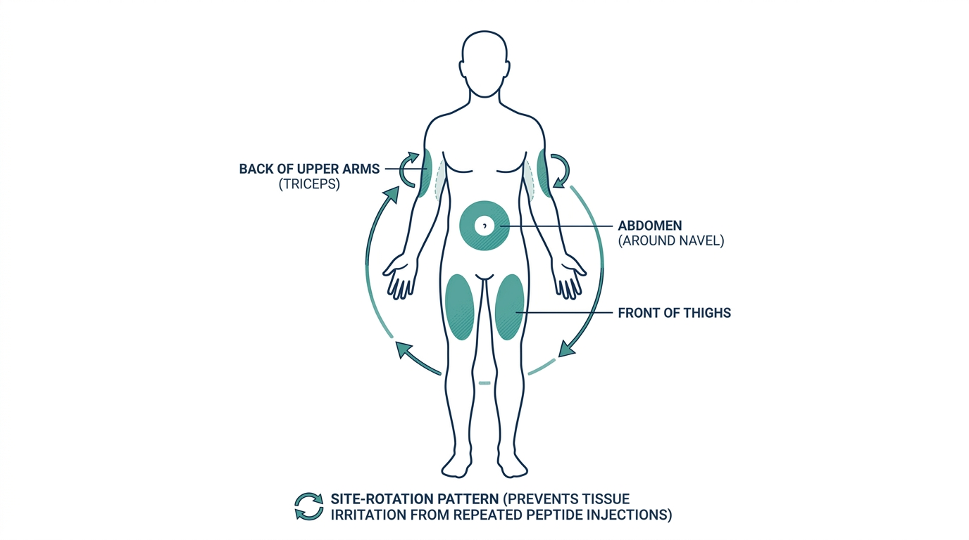 Body diagram highlighting recommended subcutaneous injection sites and rotation pattern for sermorelin