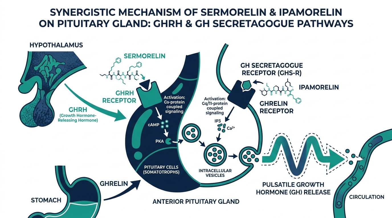 Diagram of sermorelin and ipamorelin acting on separate pituitary receptor pathways to stimulate growth hormone release
