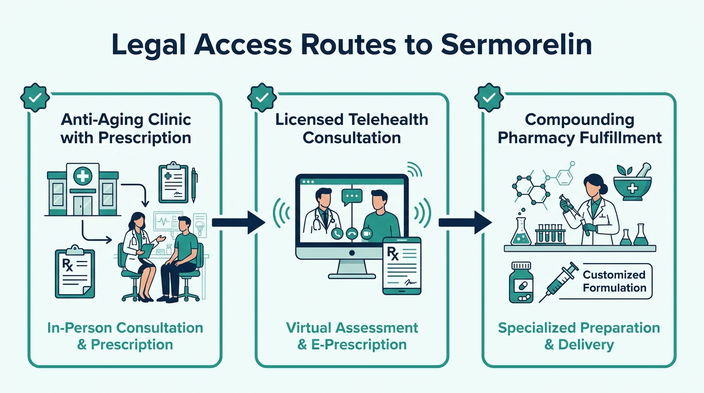 Flowchart of legal access routes to sermorelin through clinics, telehealth, and compounding pharmacies