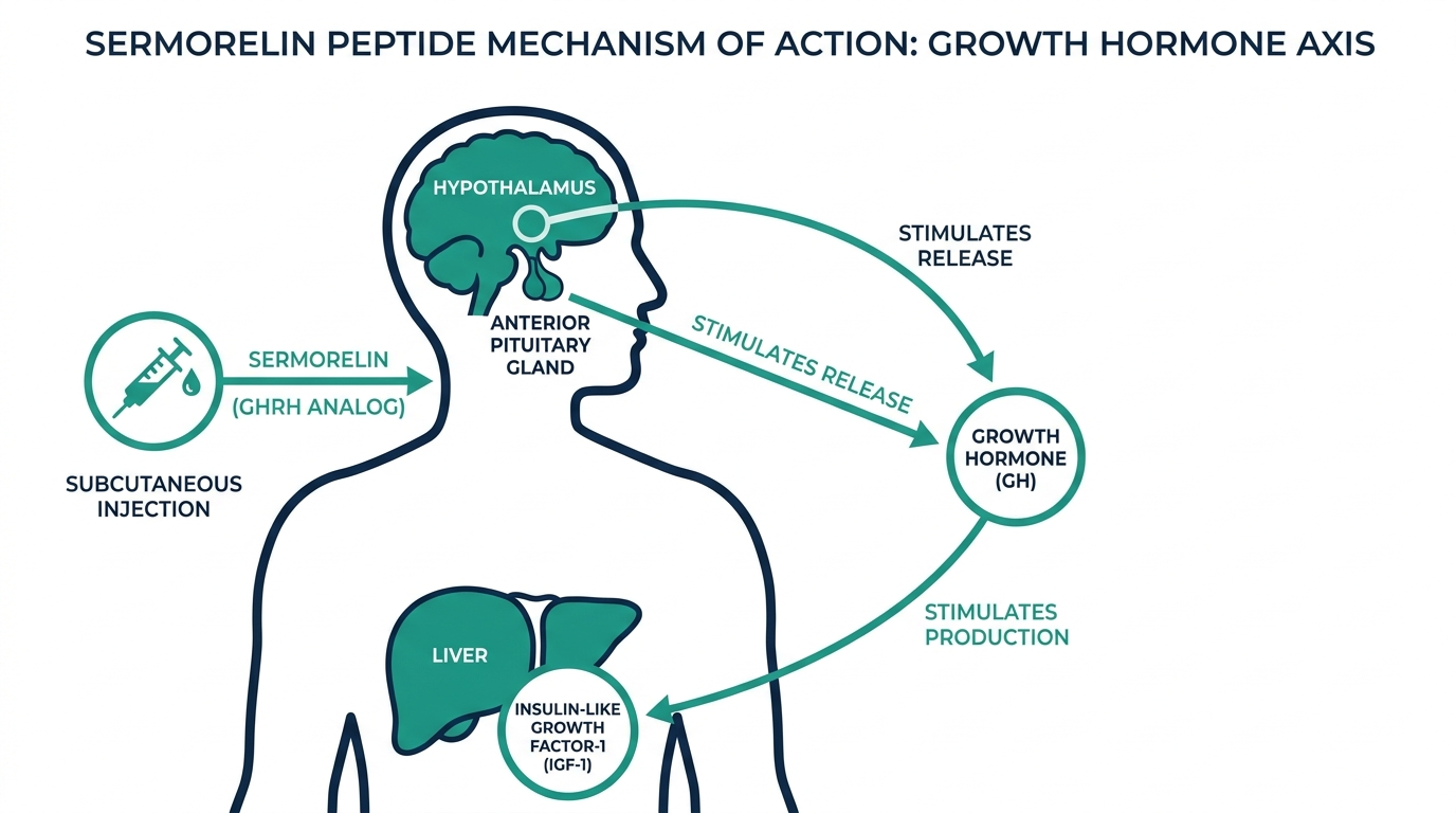 Diagram of the Sermorelin growth hormone axis: hypothalamus signal to pituitary gland to liver IGF-1 production