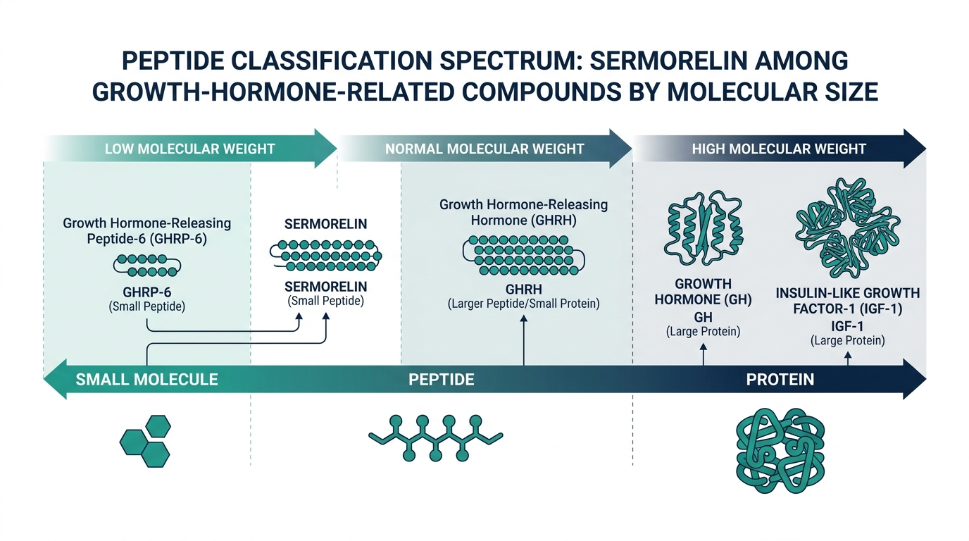 Schematic chart placing Sermorelin on a molecular size spectrum from small molecule to peptide to protein