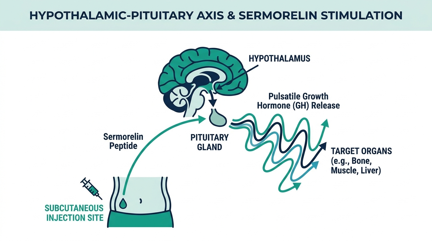 Diagram of the hypothalamic-pituitary axis showing sermorelin stimulating natural pulsatile growth hormone release, with a subcutaneous injection site icon