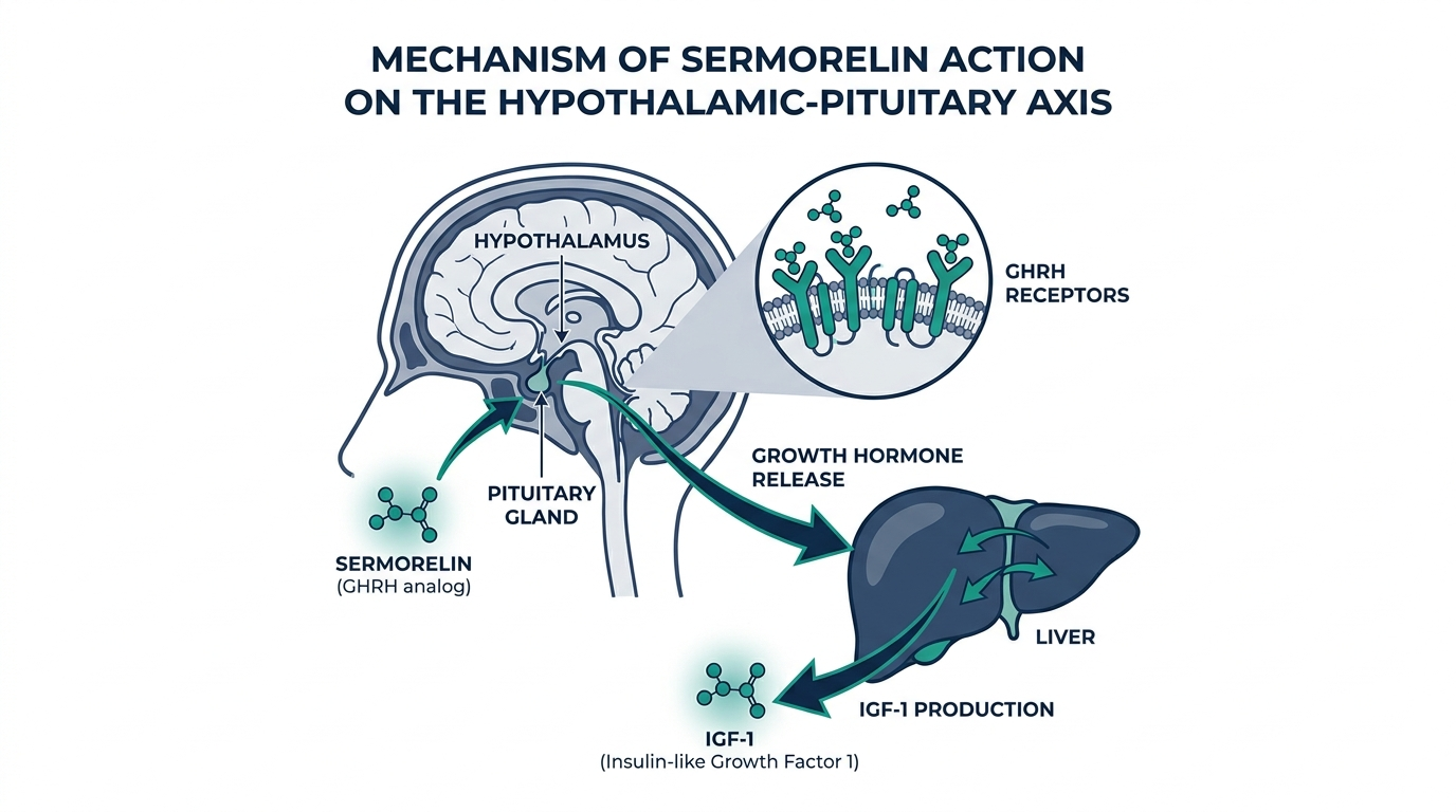 Diagram of sermorelin mechanism on the hypothalamic-pituitary axis stimulating growth hormone release