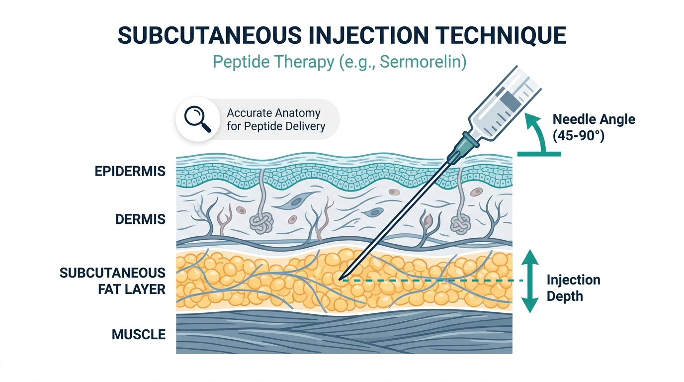 Cross-section diagram of skin layers showing correct needle angle and depth for a subcutaneous sermorelin injection