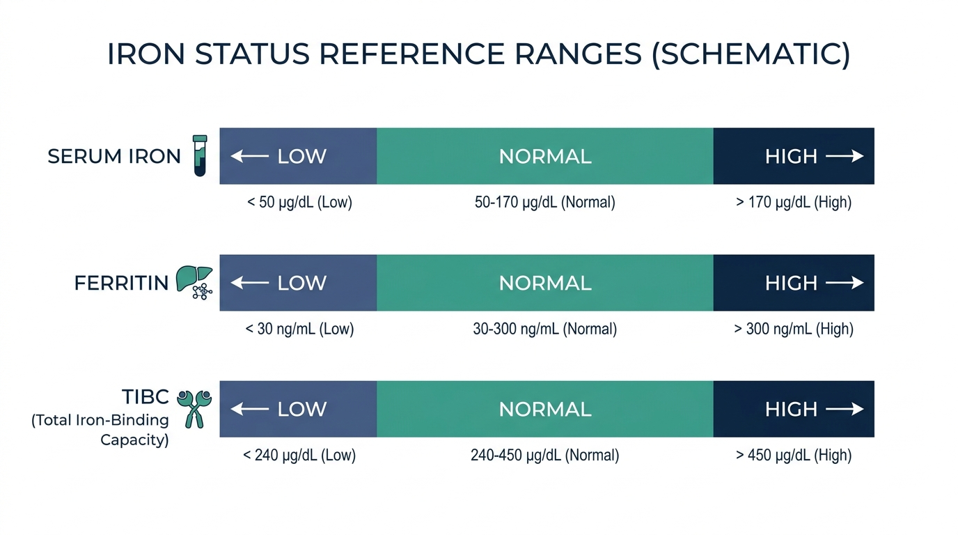 Schematic reference chart for serum iron, ferritin, and TIBC levels