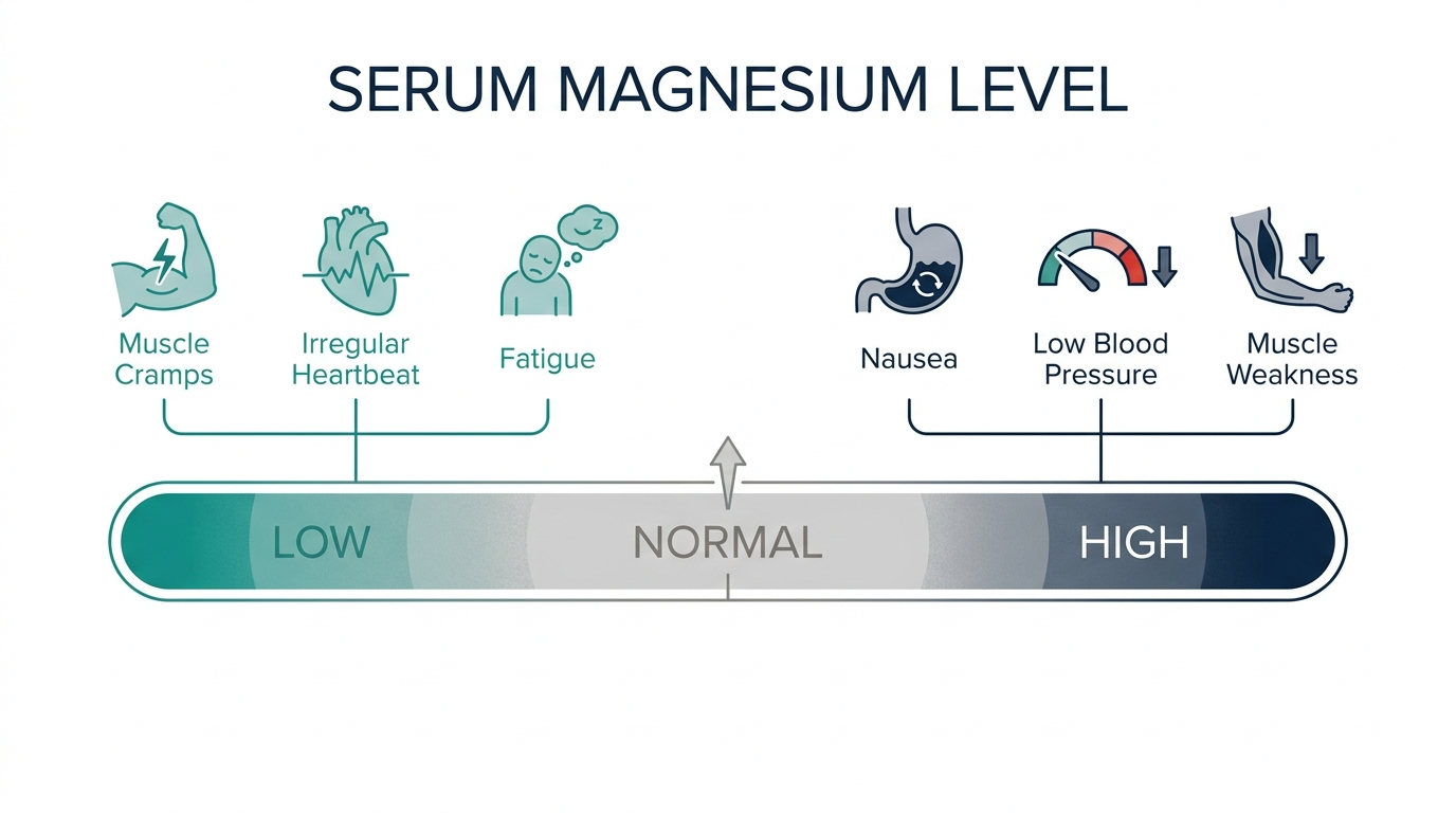 Schematic chart showing serum magnesium level across low, normal, and high bands with related symptoms
