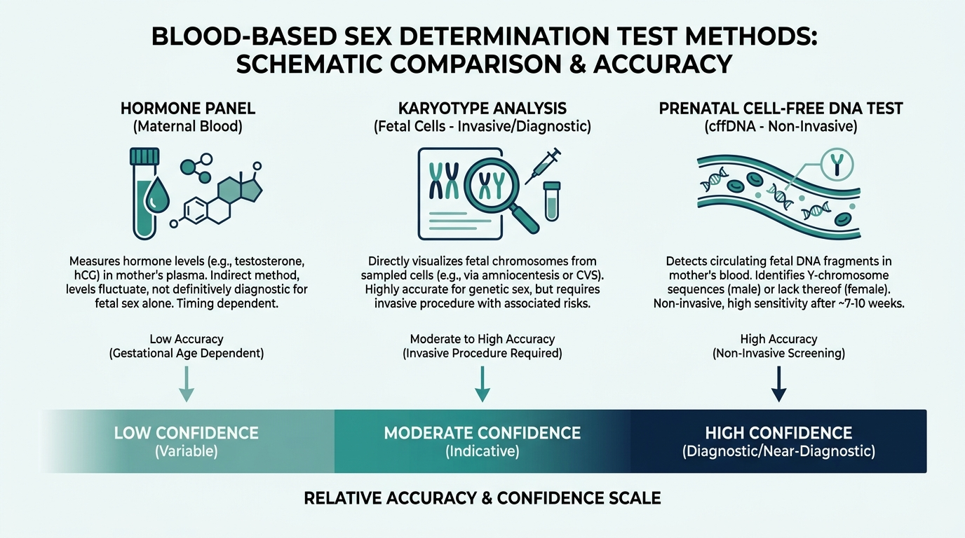 Comparison chart of karyotype, hormone panel, and cell-free DNA test accuracy for determining biological sex